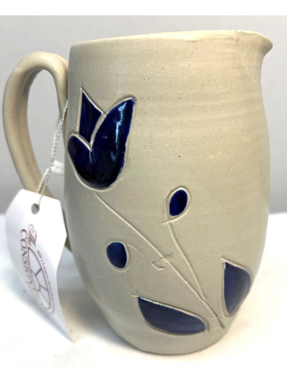 Williamsburg PotteryHandcrafted Blue Floral Stoneware Pitcher With Handle & Spou